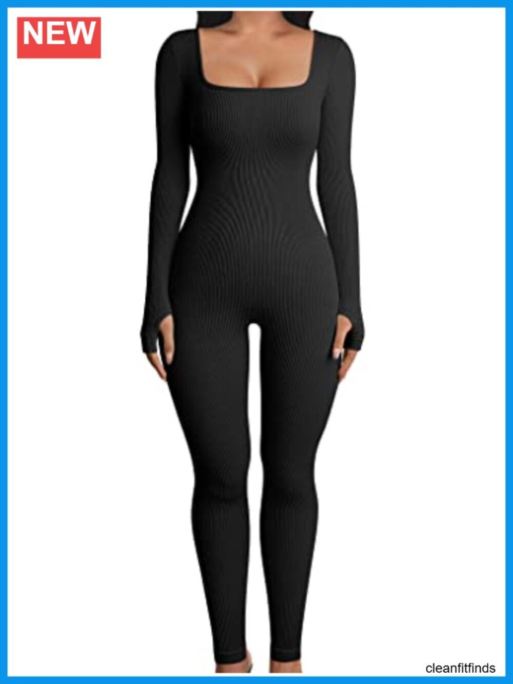 Ribbed Square Neck Long Sleeve Bodysuit Jumpsuit Yoga Activewear